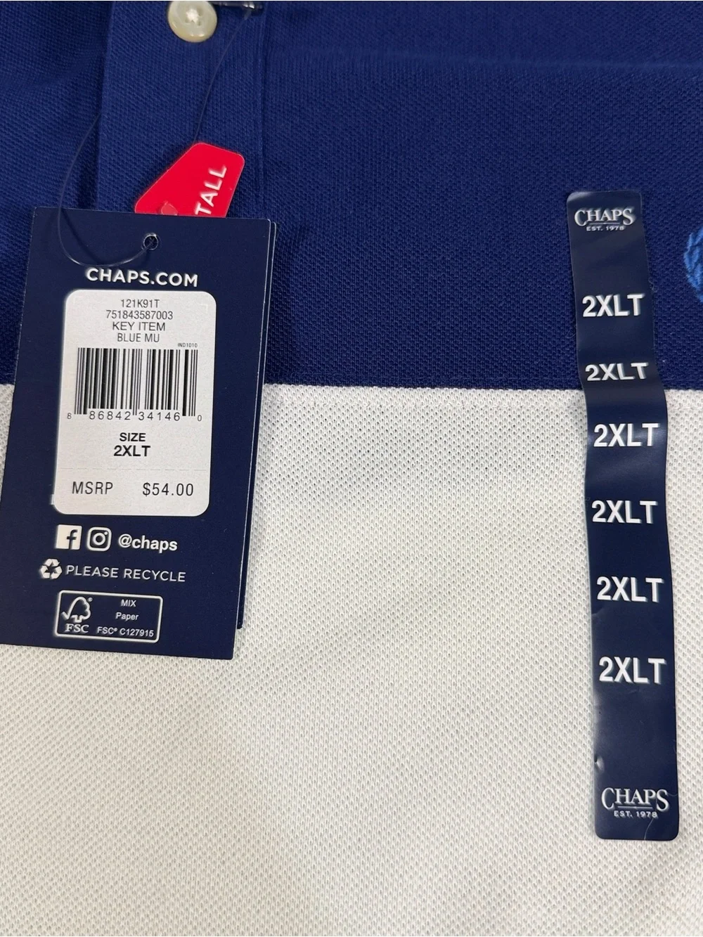 Chaps Men’s Everyday Polo Shirt 2XLT Tall Blue White Colorblock NWT